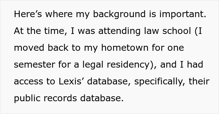 Text from an article describing the friend's background in law school, explaining how she could destroy his new life.