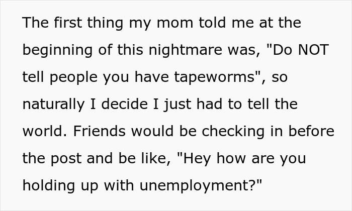 Text excerpt about a woman sharing her experience with tapeworms after bringing home a senior cat.