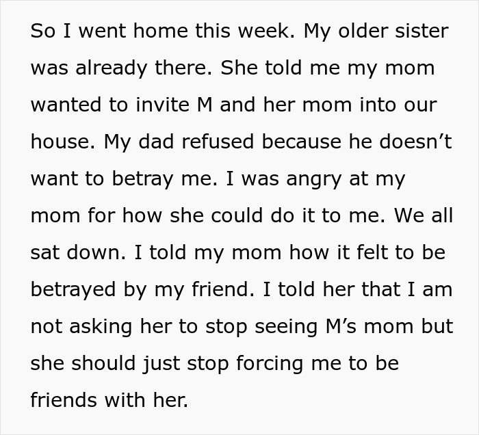 ALT text: Text describing a mom pushing daughter to not ruin her friendship over a boy after a best friend&rsquo;s betrayal.