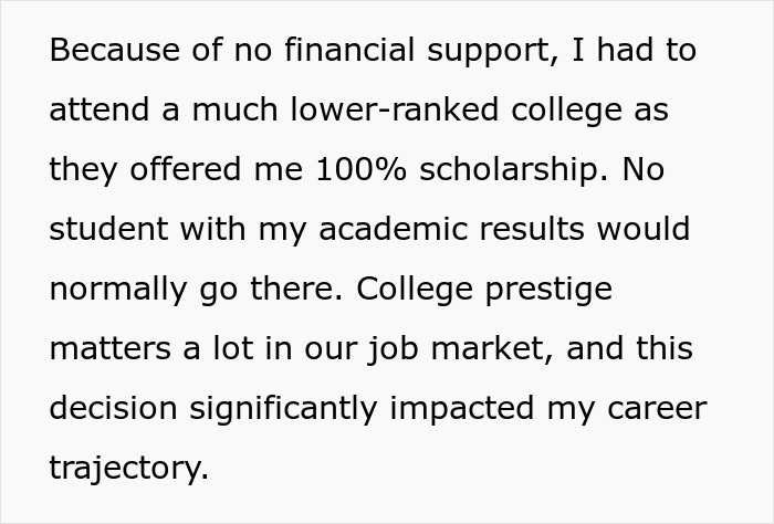 Text about a son pushed to be independent at 18 facing challenges due to lack of financial support affecting his career.