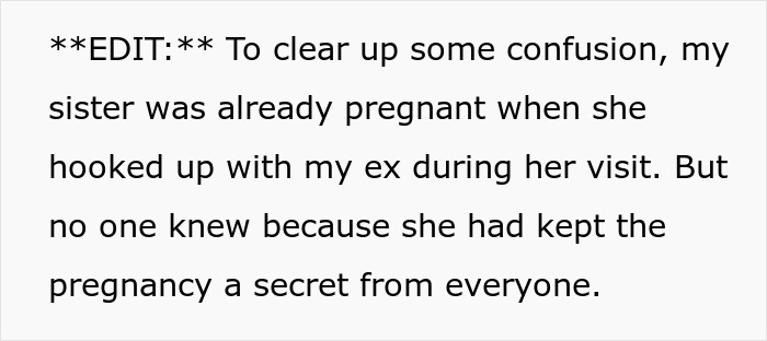 Text excerpt explaining a secret pregnancy and a complex relationship involving a sister and an ex.