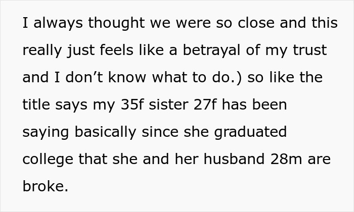 Couple Cry Poor For Years, But Expect Lavish $500 Gifts And Expenses Paid, Sis Finds Out The Truth