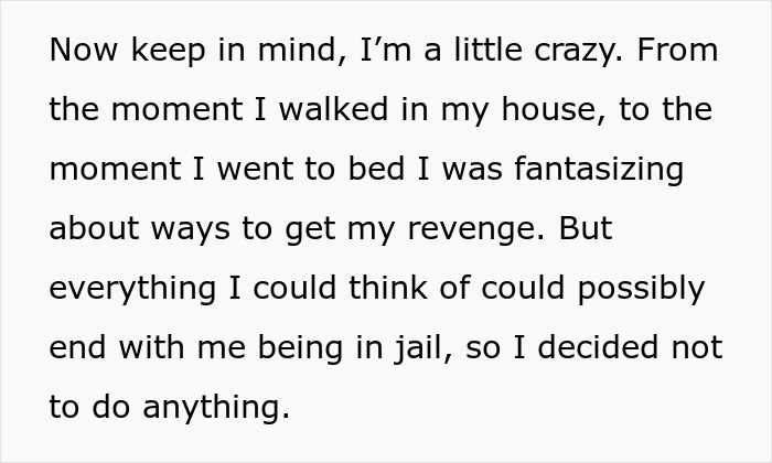 Text excerpt showing a woman reflecting on revenge after her parking spot was taken by entitled guests.