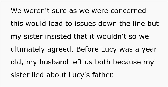 Text excerpt discussing a woman making her sister adopt her kid and related family issues with Lucy's father.