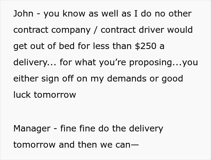 Text conversation about contract driver demands and agreeing to delivery, showing support for overworked and underpaid friend.
