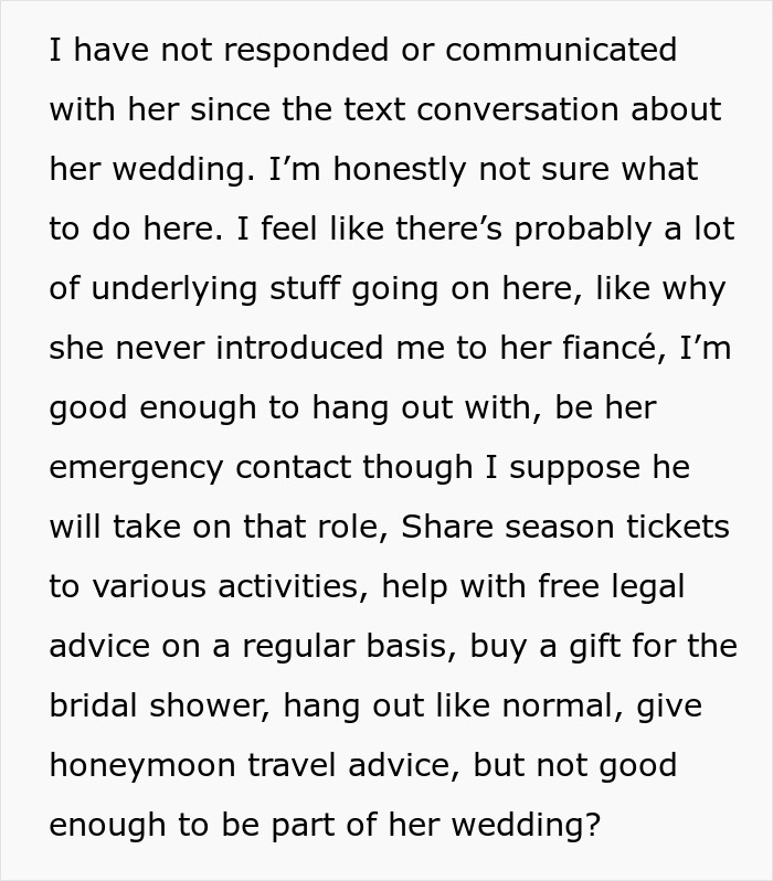A snippet of text where someone questions why they're excluded from a Christian bride's wedding despite being a close friend.