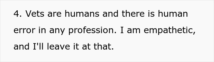 Text excerpt discussing vet human error and empathy in pet care, related to senior cat and tapeworm issue.