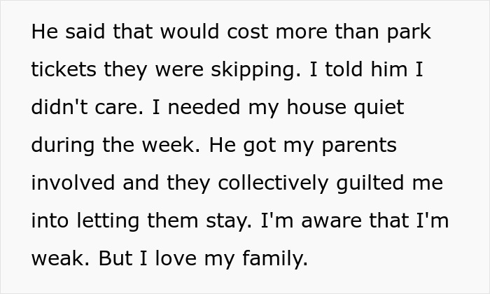 Text excerpt showing a guy feeling uncomfortable as family refuses to leave his house, creating tension.