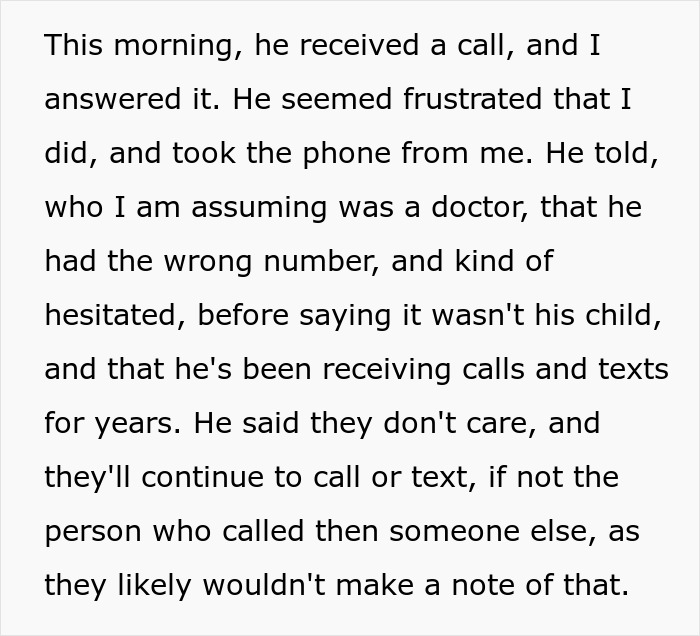 Texto que descreve o comportamento suspeito do marido, insinuando um filho secreto nas ligações.