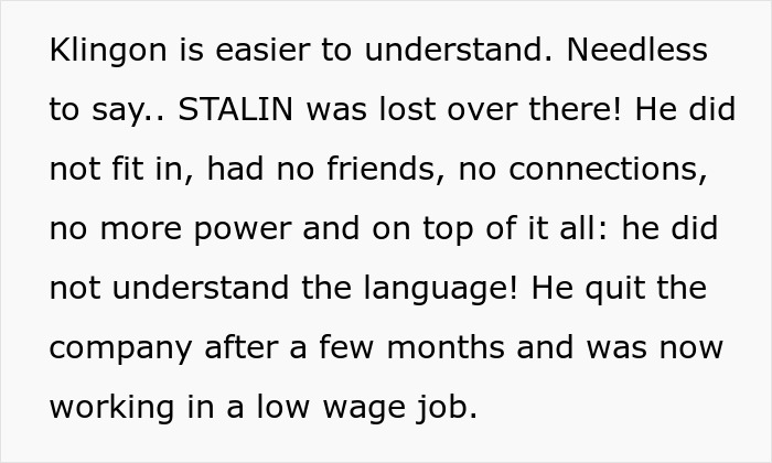 Text describing Stalin losing power, symbolizing perfect revenge against a horrible boss.