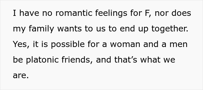 Text excerpt discussing a woman’s feelings and family’s view on her boyfriend’s close female friend and platonic friendship. Text excerpt discussing a woman’s feelings and family’s view on her boyfriend’s close female friend and platonic friendship.