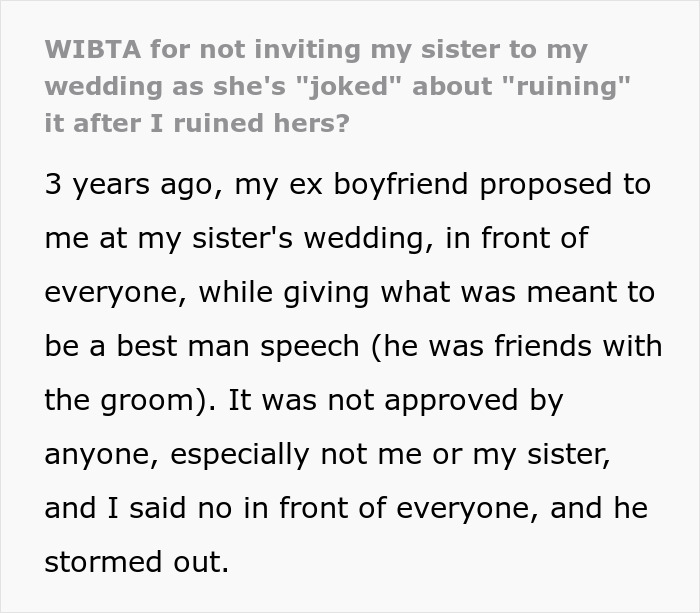 Woman worries sister will sabotage her wedding due to past incident, considers uninviting her to prevent drama.