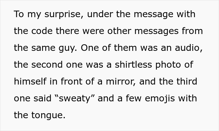 Text excerpt describing messages from a guy, including an audio, shirtless mirror photo, and a sweaty emoji, revealing a bedroom twist.