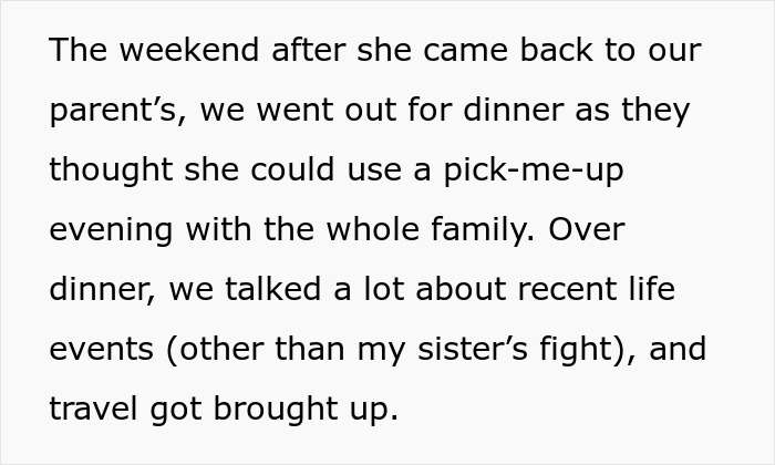 Text excerpt discussing a family dinner and recent life events involving a woman accused of sleeping with sister&rsquo;s fianc&eacute;.