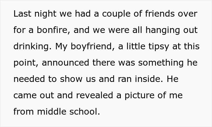 Boyfriend's creepy confession about middle school photo leaves girlfriend questioning entire relationship and their past.