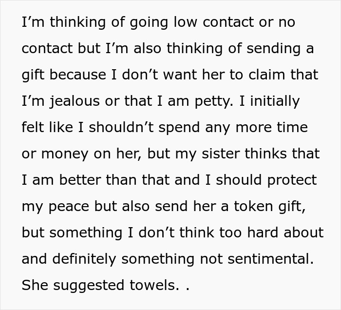 Text on a screen discussing a Christian bride's dilemma about sending a gift after excluding a friend from her wedding.