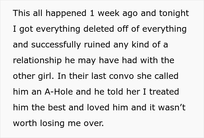 Text message describing how she deleted everything and ruined any relationship he had with another girl to make sure he ends up with nobody.