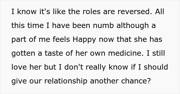 Text on a light background discussing someone's mixed feelings about their partner and the marriage after an affair, considering divorce.