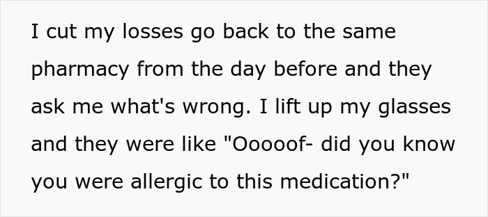 Text excerpt about allergic reaction at the pharmacy related to medication, connected to woman bringing home senior cat with tapeworms.