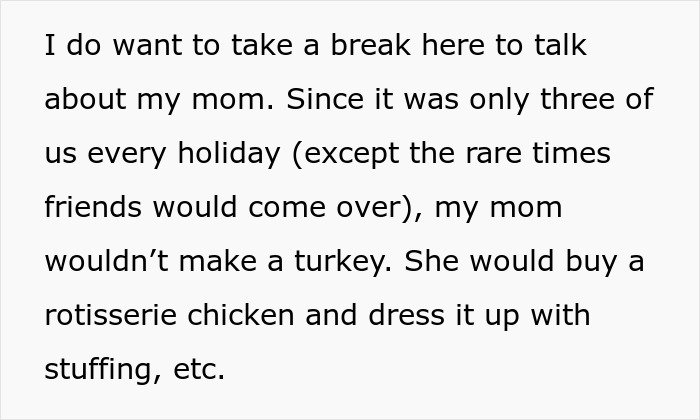 Text excerpt discussing a family holiday tradition with mom preparing rotisserie chicken instead of turkey.