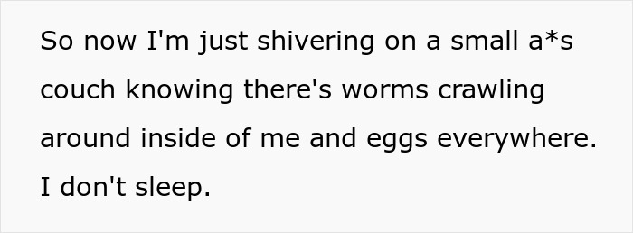 Text on screen showing a person describing the experience of having tapeworms and feeling regret after bringing home a senior cat.