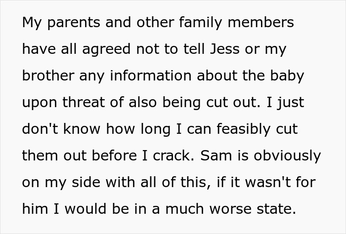 Text discussing family agreement to withhold baby information from unstable ex, pregnant woman cutting off contact to protect herself.