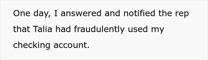 Text on screen showing a victim notifying a representative about fraudulent use of their checking account in a Tinder scam.