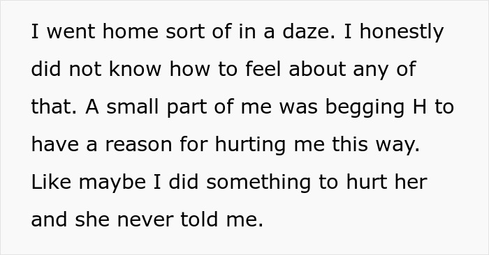 A text snippet about a woman discovering disturbing details about her husband and best friend's affair, reflecting on being hurt.