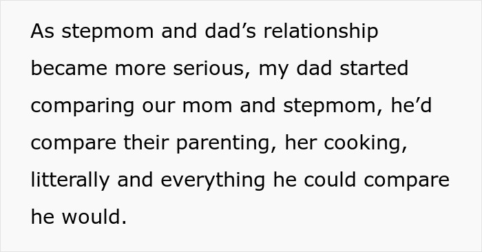 Text describes how a dad compares a late mom to a new stepmom, affecting the kids' feelings towards her.
