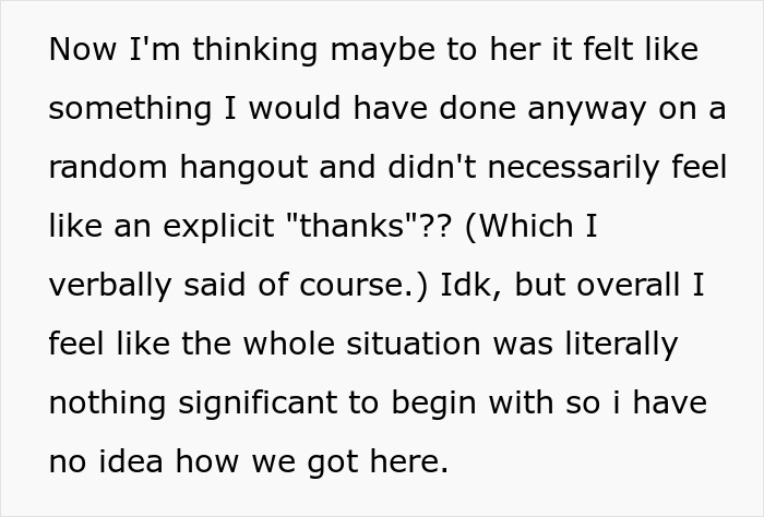 Text discussing a woman testing her friend to remind her to show appreciation and feeling shocked by being left hanging.