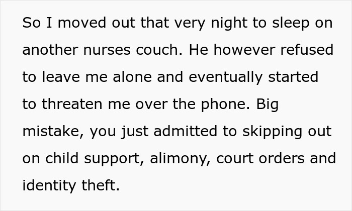 Text showing a woman describing threats, child support, alimony, court orders, and identity theft crimes by a criminal and cheater.