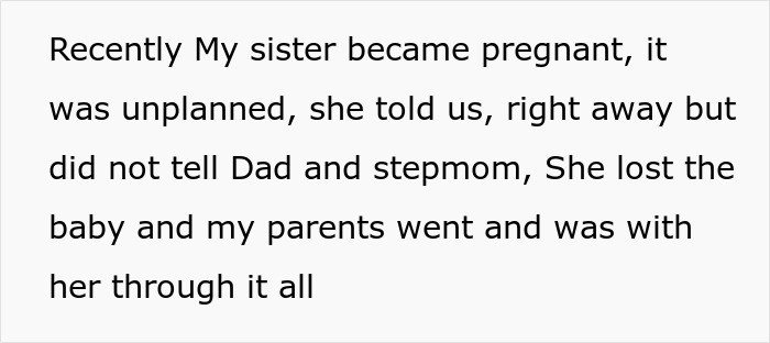 Text screenshot: A sister's unplanned pregnancy, miscarriage, and family support, touching on the Dad and stepmom dynamic.