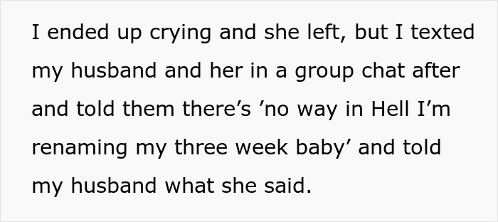 Text from an online post about a MIL who starts a messy fight over a baby name, refusing to rename a baby.