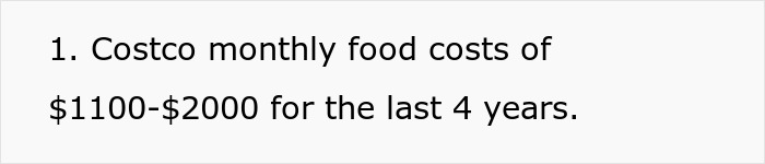 Text showing Costco monthly food costs ranging from $1100 to $2000 over the last 4 years, highlighting financial expense trends.