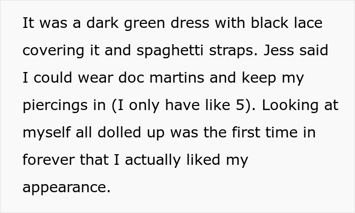 Text describes a dark green wedding dress with black lace and spaghetti straps, with piercings allowed, impacting the bride's attire choice.
