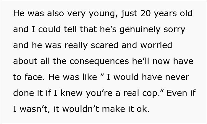 Text excerpt discussing a young man’s regret after a fake cop incident involving a homophobic MIL and real police officer.
