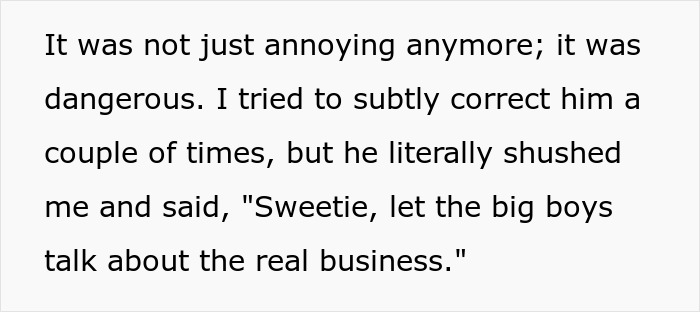 Text describing a man playing expert at a dinner party, dismissing a real expert by calling her sweetie before getting destroyed.