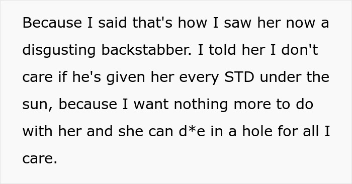 Text excerpt about a woman facing karma after cheating with her sister&rsquo;s baby daddy, expressing anger and rejection.