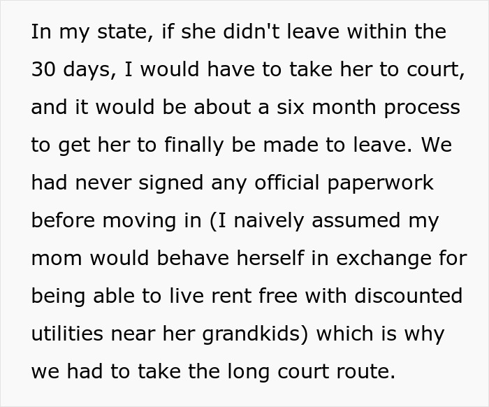 Text excerpt about a woman sharing a crazy story involving her mom and legal struggles resembling a soap opera.