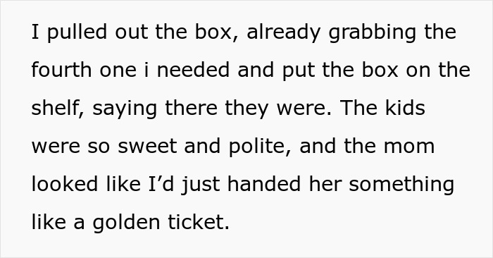 Text excerpt describing a polite interaction involving bulk items before a scalper incident in a store. Text excerpt describing a polite interaction involving bulk items before a scalper incident in a store.
