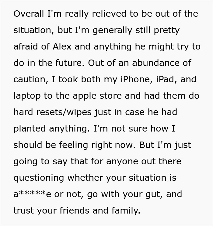 Text excerpt on a white background about fearing a man and taking precautions with devices after suspecting dangerous traps at home. Text excerpt on a white background about fearing a man and taking precautions with devices after suspecting dangerous traps at home.