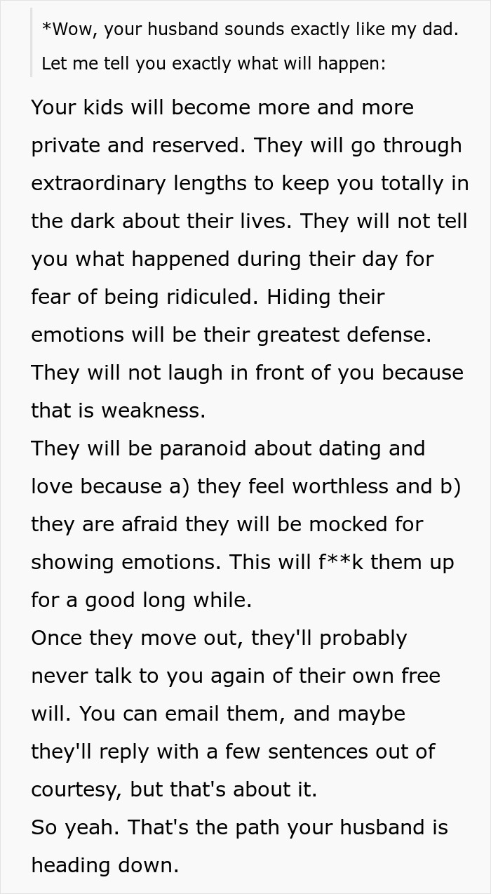 Comment explaining how a husband is awesome to his wife but a jerk to their kids, affecting kids’ emotions and relationships.