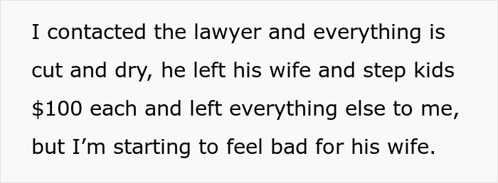 Text excerpt from a legal message about an estranged dad leaving inheritance to daughter while stepmom demands equal sharing.