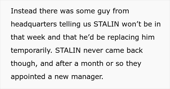 Text detailing how a horrible boss was replaced, indicating the employee's perfect revenge in the story.