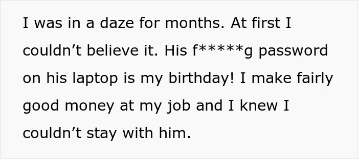 Text excerpt from a woman's account of her husband's affair, detailing the discovery of his laptop password as her birthday.