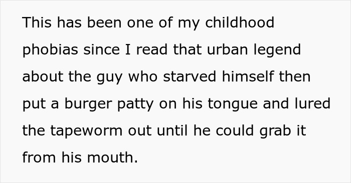 Text on a white background describing an urban legend about a man starving himself and using a burger patty to lure out a tapeworm.