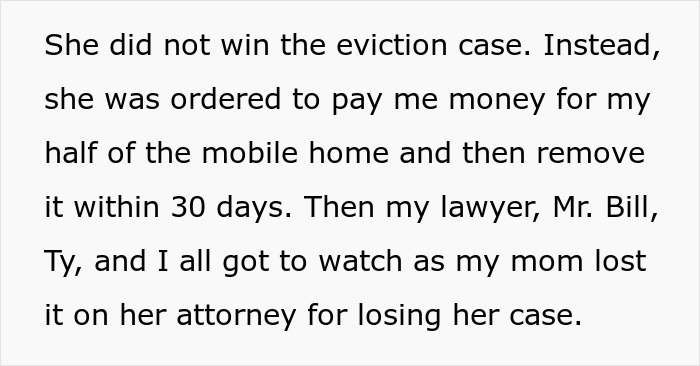 Text excerpt describing a woman sharing a crazy story about her mom involving a legal eviction case and attorney drama.