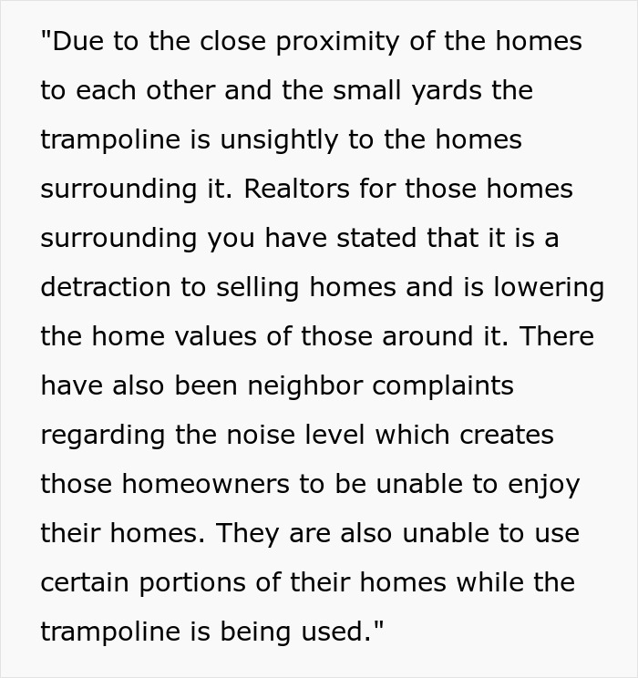 HOA demands dad remove trampoline citing neighborhood complaints on noise and property value impact in close-knit community.
