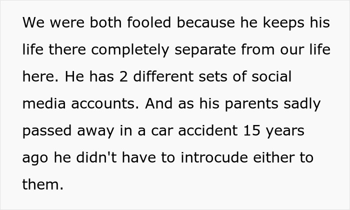 Text excerpt about a man's secret wife and separate life, hinting at a woman discovering her husband's deceit.