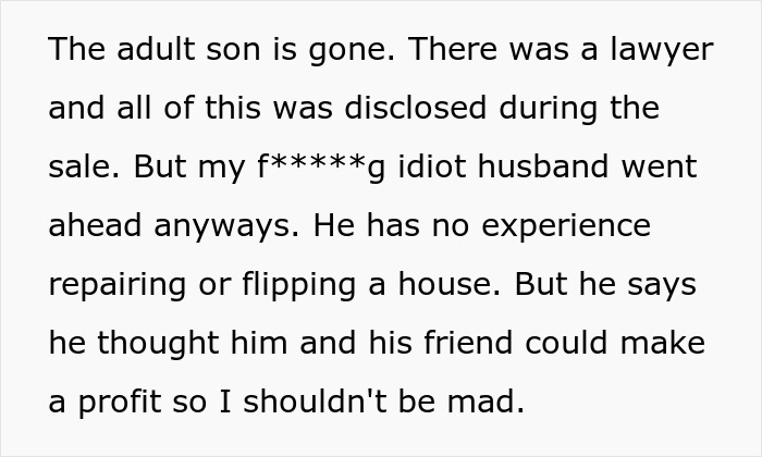 Text describes a husband making poor house finances, despite warnings, highlighting issues with finances and hoarder tendencies.